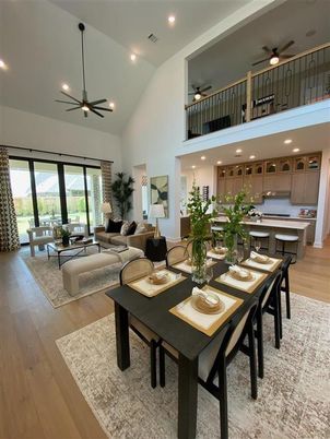 Dining room, Interior, Kitchen, Living room, Recessed Lighting, Wood Texture Flooring