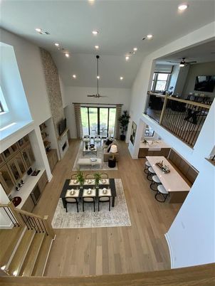 Fireplace, Interior, Living room, Recessed Lighting, Wood Texture Flooring