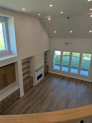 Empty room, Fireplace, Interior, Recessed Lighting, Wood Texture Flooring