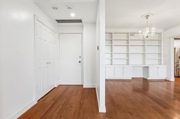 Chandelier, Empty room, Interior, Recessed Lighting, Wood Texture Flooring