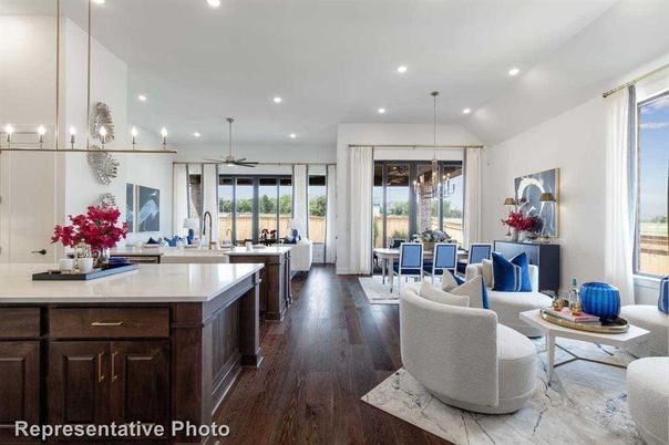 Dining room, Interior, Living room, Pendant Lights, Recessed Lighting, Wood Texture Flooring