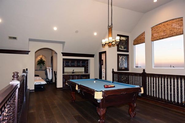 Billiard Table, Chandelier, Game Room, Interior, Pendant Lights, Recessed Lighting, Wood Texture Flooring