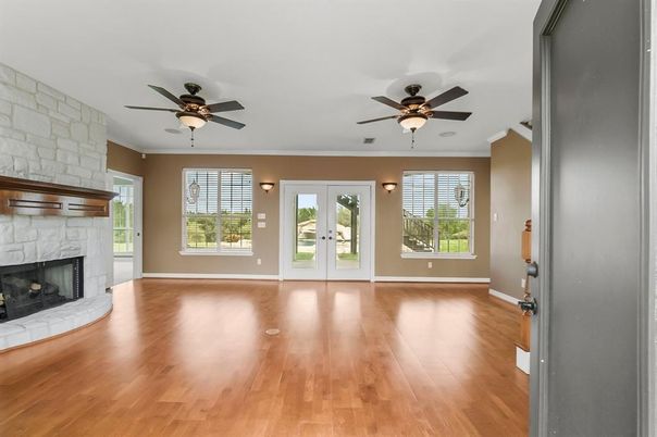Empty room, Fireplace, Interior, Stone Walls, Wood Texture Flooring