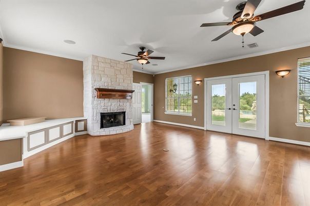 Empty room, Fireplace, Interior, Stone Walls, Wood Texture Flooring