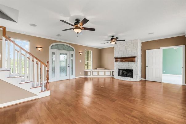 Empty room, Fireplace, Interior, Stone Walls, Wood Texture Flooring