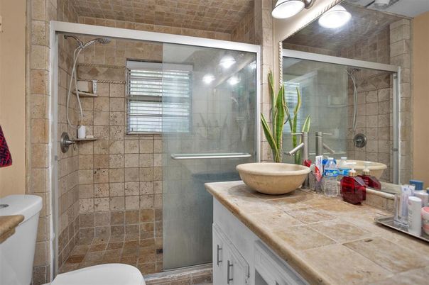 Bathroom, Glass Shower, Interior, Stone Walls, Tile Countertops