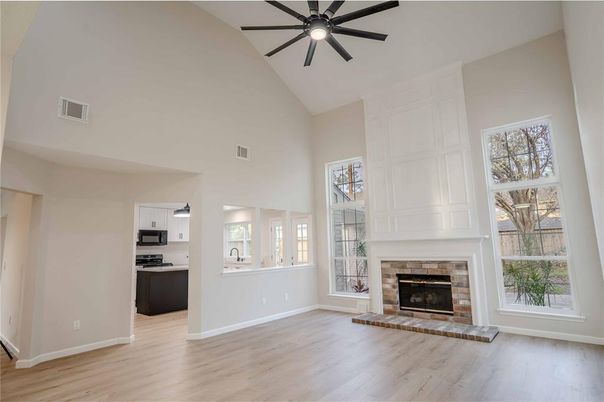 Empty room, Fireplace, Interior, Kitchen, Wood Texture Flooring
