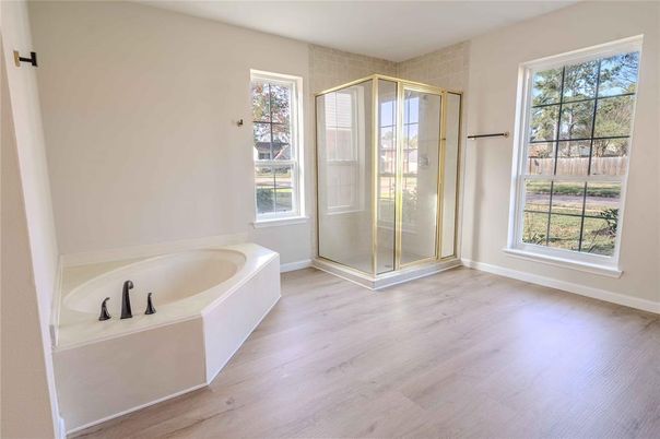 Bathroom, Glass Shower, Interior, Wood Texture Flooring