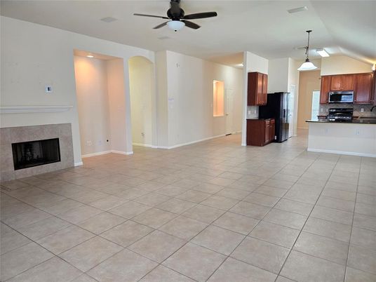 Fireplace, Interior, Kitchen, Pendant Lights