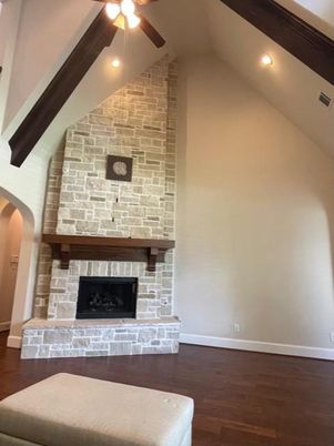 Fireplace, Interior, Recessed Lighting, Stone Walls, Wood Texture Flooring