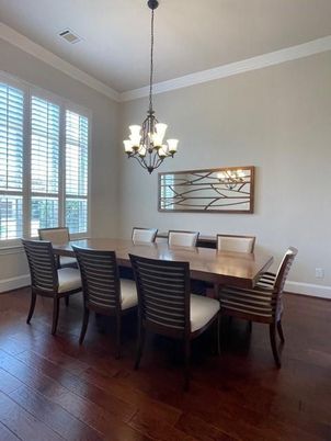 Chandelier, Dining room, Interior, Wood Texture Flooring