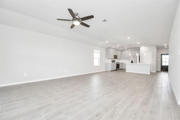 Empty room, Interior, Kitchen, Pendant Lights, Recessed Lighting, Wood Texture Flooring