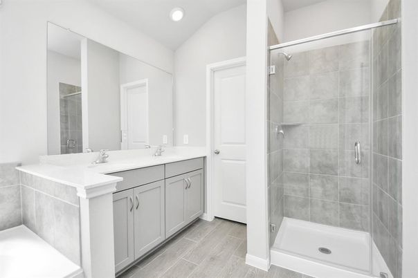 Bathroom, Glass Shower, Interior, Recessed Lighting, Wood Texture Flooring