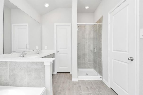 Bathroom, Glass Shower, Interior, Recessed Lighting, Wood Texture Flooring