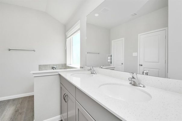 Bathroom, Dual Sink Vanities, Interior, Recessed Lighting, Wood Texture Flooring