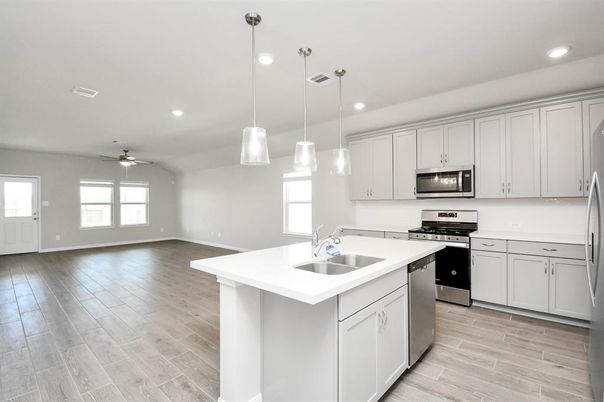 Interior, Kitchen, Pendant Lights, Recessed Lighting, Stainless Steel Appliances, Wood Texture Flooring