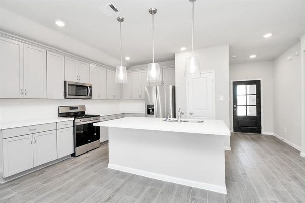 Interior, Kitchen, Pendant Lights, Recessed Lighting, Stainless Steel Appliances, Wood Texture Flooring