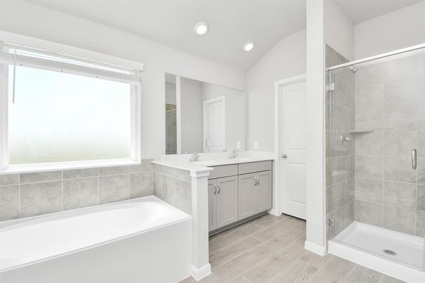 Bathroom, Glass Shower, Interior, Recessed Lighting, Wood Texture Flooring