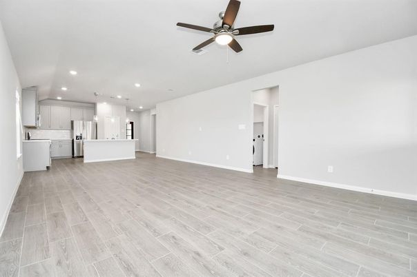 Empty room, Interior, Kitchen, Pendant Lights, Recessed Lighting, Wood Texture Flooring