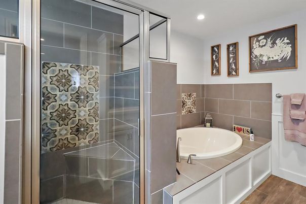 Bathroom, Glass Shower, Interior, Recessed Lighting, Wood Texture Flooring