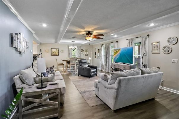 Chandelier, Dining room, Interior, Living room, Recessed Lighting, Wood Texture Flooring