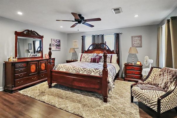 Bedroom, Interior, Recessed Lighting, Wood Texture Flooring