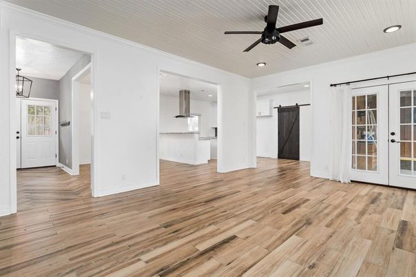 Empty room, Interior, Kitchen, Recessed Lighting, Wood Texture Flooring