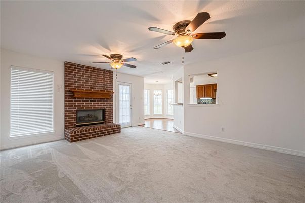 Empty room, Fireplace, Interior, Pendant Lights, Stone Walls