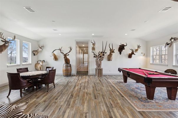 Billiard Table, Dining room, Game Room, Interior, Recessed Lighting, Wood Texture Flooring