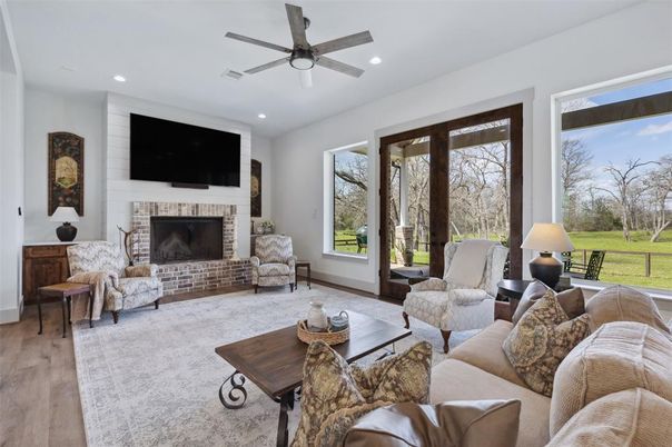 Fireplace, Interior, Living room, Recessed Lighting, Wood Texture Flooring