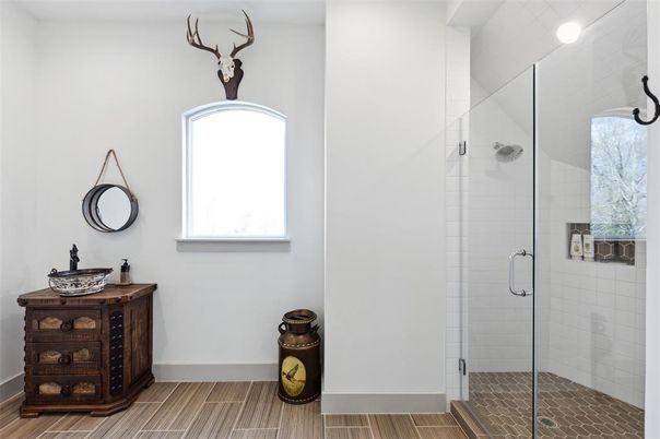 Bathroom, Glass Shower, Interior, Recessed Lighting, Wood Texture Flooring