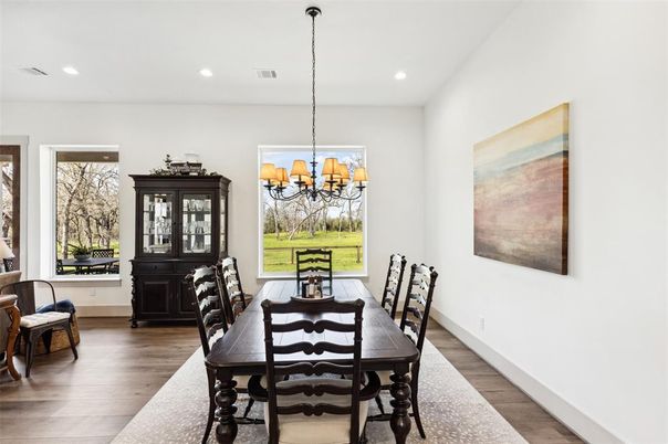 Chandelier, Dining room, Interior, Recessed Lighting, Wood Texture Flooring