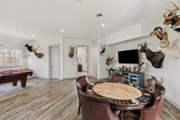 Billiard Table, Dining room, Game Room, Interior, Recessed Lighting, Wood Texture Flooring