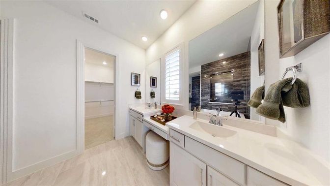 Bathroom, Dual Sink Vanities, Glass Shower, Interior, Marble, Recessed Lighting