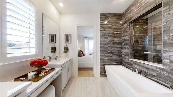 Bathroom, Dual Sink Vanities, Free Standing Baths, Glass Shower, Interior, Recessed Lighting, Wood Texture Flooring