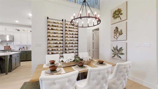 Dining room, Interior, Kitchen, Pendant Lights, Recessed Lighting, Wood Texture Flooring