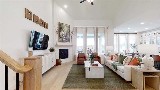 Dining room, Fireplace, Interior, Living room, Recessed Lighting, Wood Texture Flooring