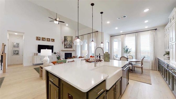Dining room, Fireplace, Interior, Kitchen, Living room, Pendant Lights, Recessed Lighting, Wood Texture Flooring