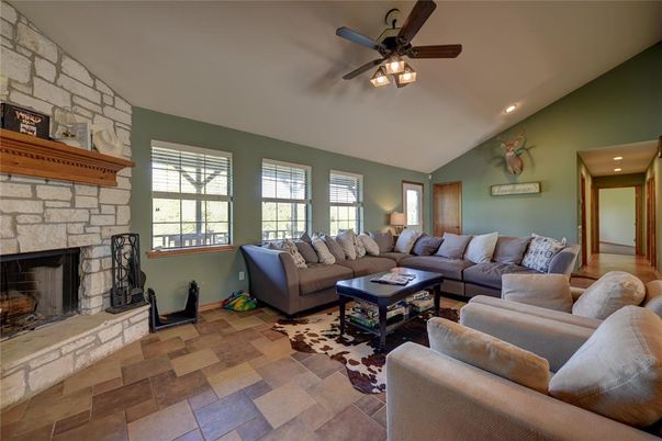 Fireplace, Interior, Living room, Recessed Lighting, Stone Walls