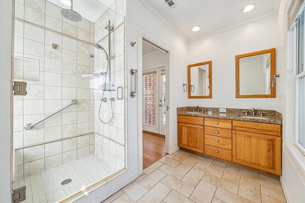 Bathroom, Dual Sink Vanities, Glass Shower, Interior, Recessed Lighting, Wood Texture Flooring