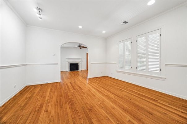 Empty room, Fireplace, Interior, Recessed Lighting, Wood Texture Flooring
