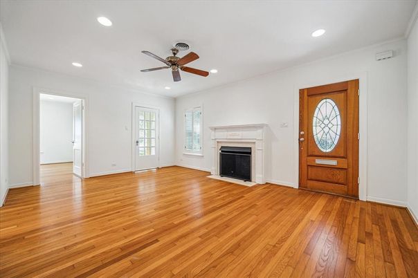 Empty room, Fireplace, Interior, Recessed Lighting, Wood Texture Flooring