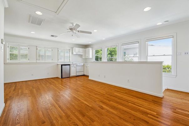 Empty room, Interior, Kitchen, Recessed Lighting, Wood Texture Flooring