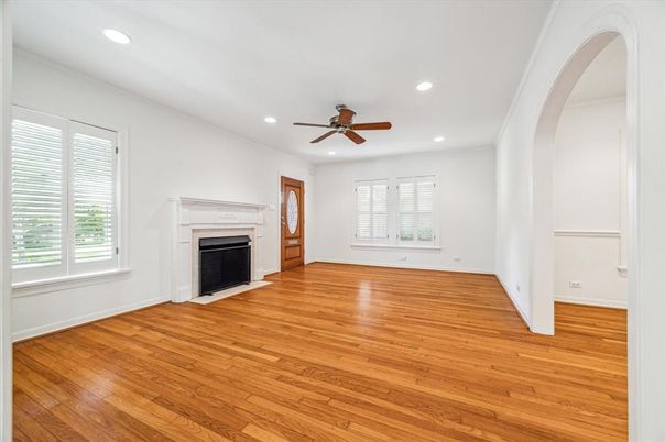 Empty room, Fireplace, Interior, Recessed Lighting, Wood Texture Flooring