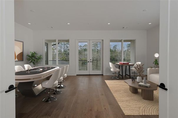 Dining room, Interior, Recessed Lighting, Wood Texture Flooring