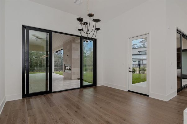 Empty room, Interior, Pendant Lights, Wood Texture Flooring