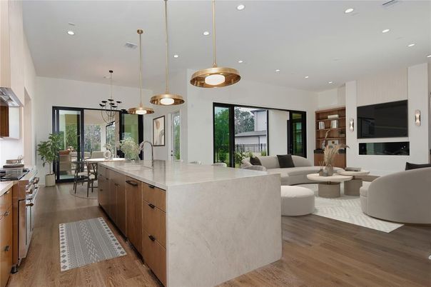 Dining room, Interior, Kitchen, Living room, Pendant Lights, Recessed Lighting, Stainless Steel Appliances, Wood Texture Flooring