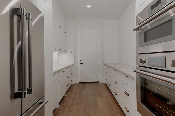Interior, Kitchen, Recessed Lighting, Stainless Steel Appliances, Wood Texture Flooring