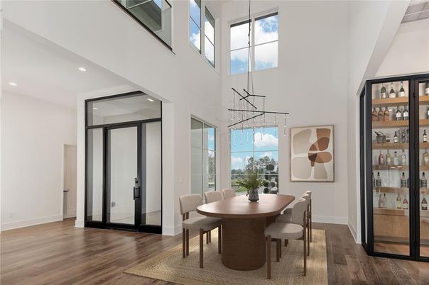 Dining room, Interior, Pendant Lights, Recessed Lighting, Wood Texture Flooring