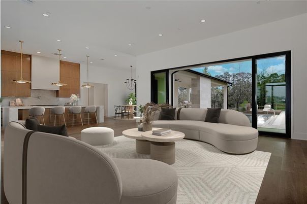 Dining room, Interior, Kitchen, Living room, Pendant Lights, Recessed Lighting, Wood Texture Flooring